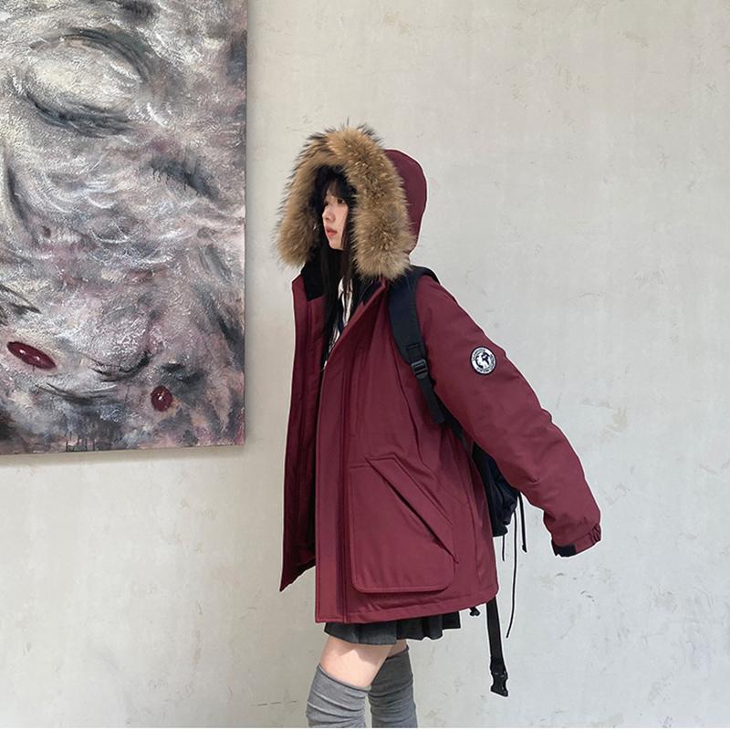 Fashion Winter Clothing Female White Duck Down Large Fur Collar Hooded Down Jacket Loose Casual Thickened Warm Short Parkas