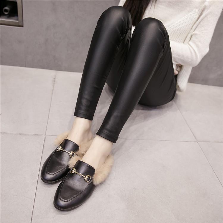 Korean Style Fleece-Lined PU Matte Leather Skinny Leggings with Single/Double Buttons