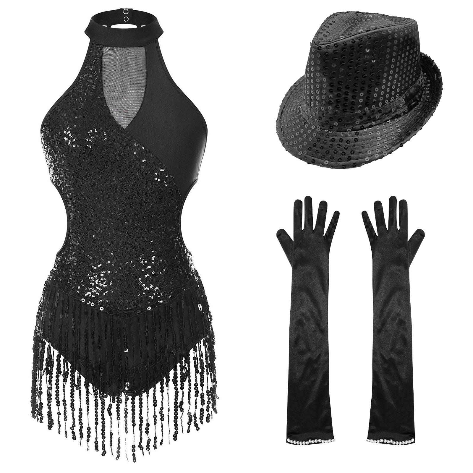

Womens Latin Dance Costume Shiny Sequin Color Block Sleeveless Fringed Leotard Gloves Hat S чорний
