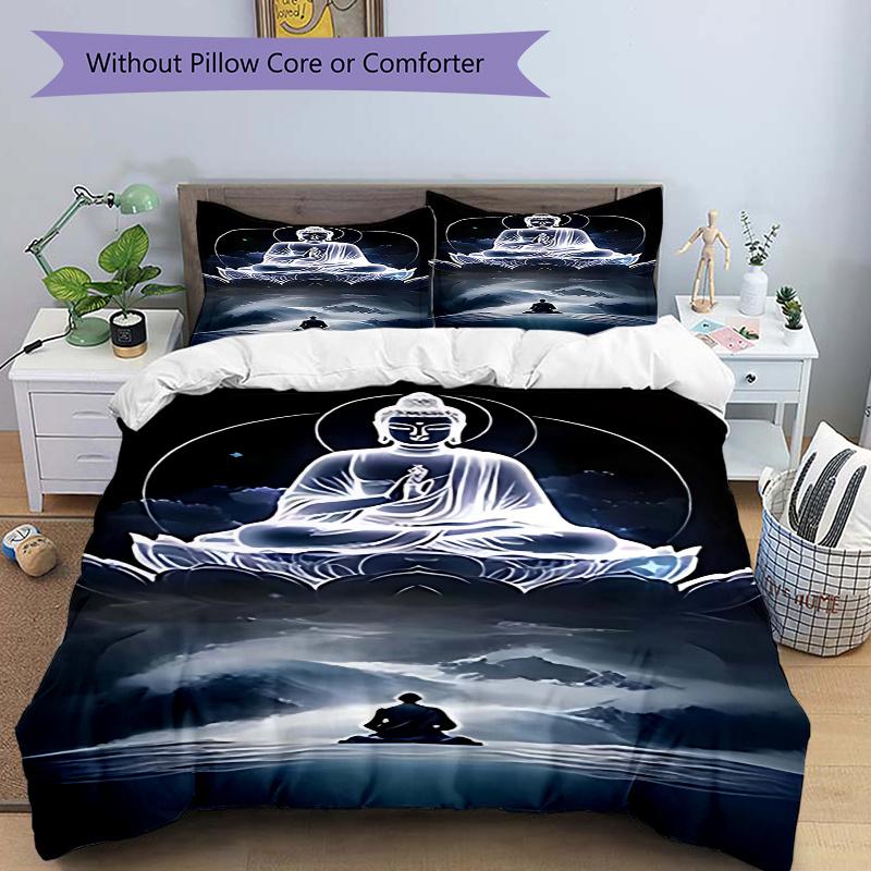 

3pcs Buddha Statue Comforter Set with One Quilt Cover and Two Pillowcases (No Core) - Anime Cartoon Design, Perfect for Bedroom and Guest Room Decorat 135x200cm