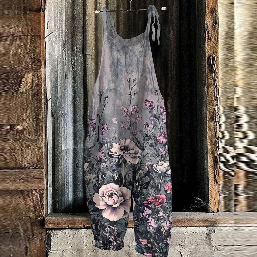 Women's Jumpsuit Floral Print Casual Loose Vintage Shoulder Strap Cotton Linen