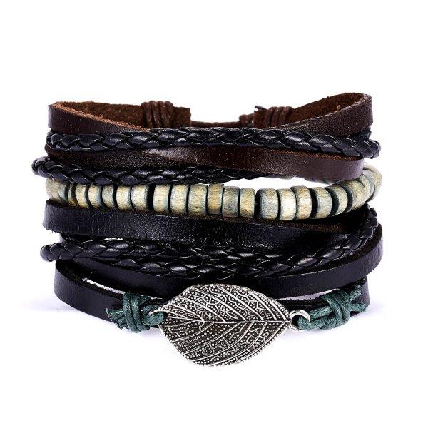 Handmade Vintage Multilayer Men Leaf Leather Bracelet Braided Star Knot Leaf Rope Wood Beads Wrap Bracelets & Bangles Male Gift