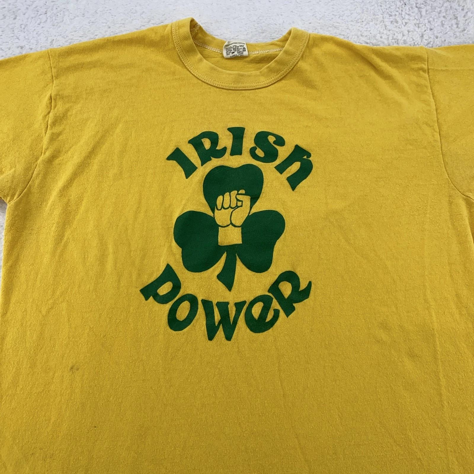 Vintage Irish Power Shirt Mens Large Yellow Green Shamrock Graphic Tee 70s 80s XL