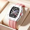 Orologio Tonneau di Alta Moda Montre Homme Et Femme Orologio da Polso 47mm Ampio Quadrante Scheletrato Cinturino in Nylon Rosa Pelle Orologio al Quarzo