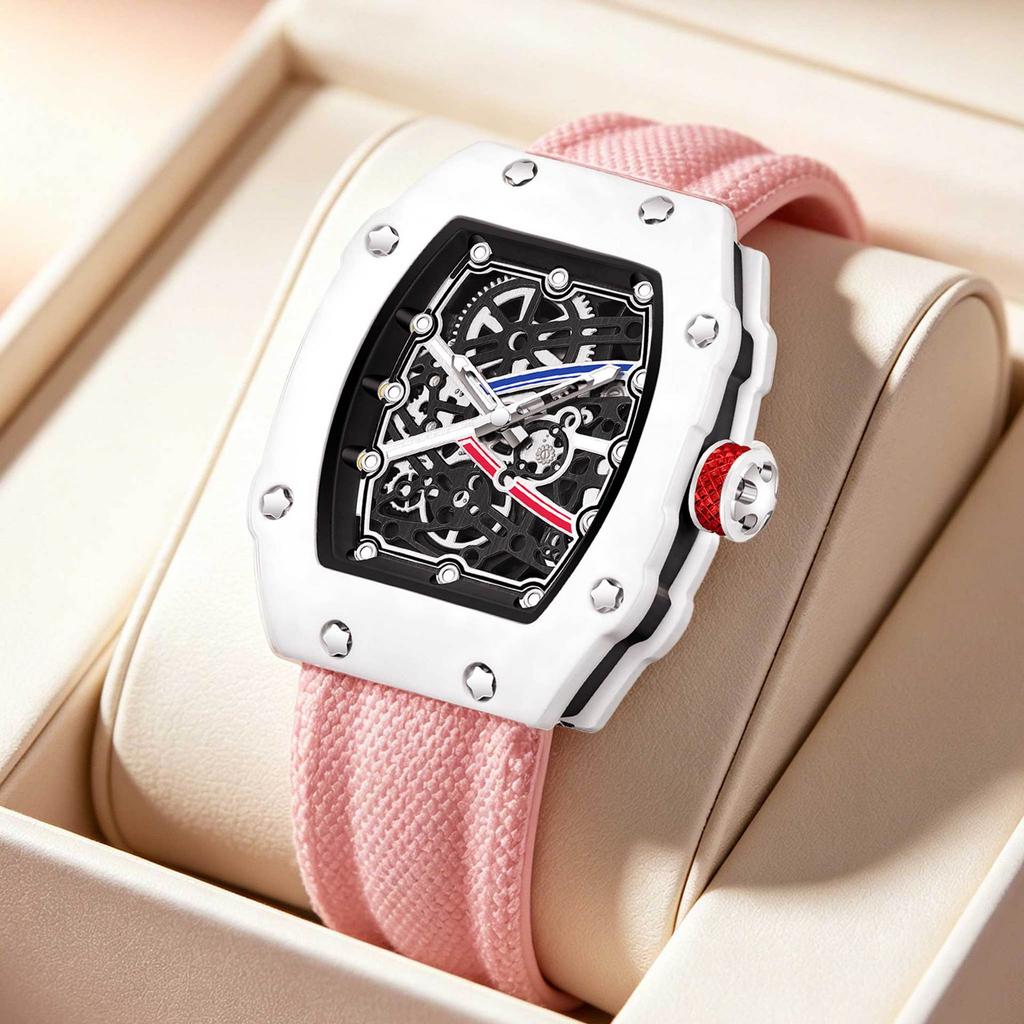 Orologio Tonneau di Alta Moda Montre Homme Et Femme Orologio da Polso 47mm Ampio Quadrante Scheletrato Cinturino in Nylon Rosa Pelle Orologio al Quarzo