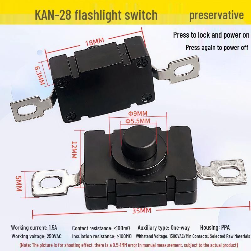 

KAN-28 Self-locking ON/OFF 2-pin Flashlight Switch, 1.5A, 250V, Size 18x12 mm
