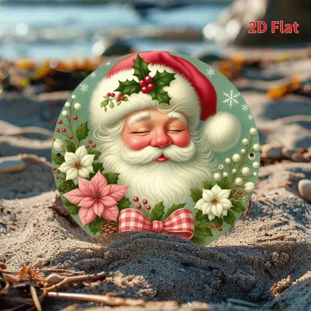 Christmas Santa Wreath Metal Wall Decor Red Bow Holly Poinsettia Round Iron Sign Farmhouse Garden Holiday Home Decoration
