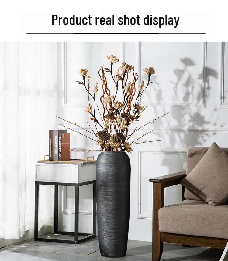 Black Zen-Style Ceramic Floor Vase for Dried Flowers - Retro Terracotta Ornament