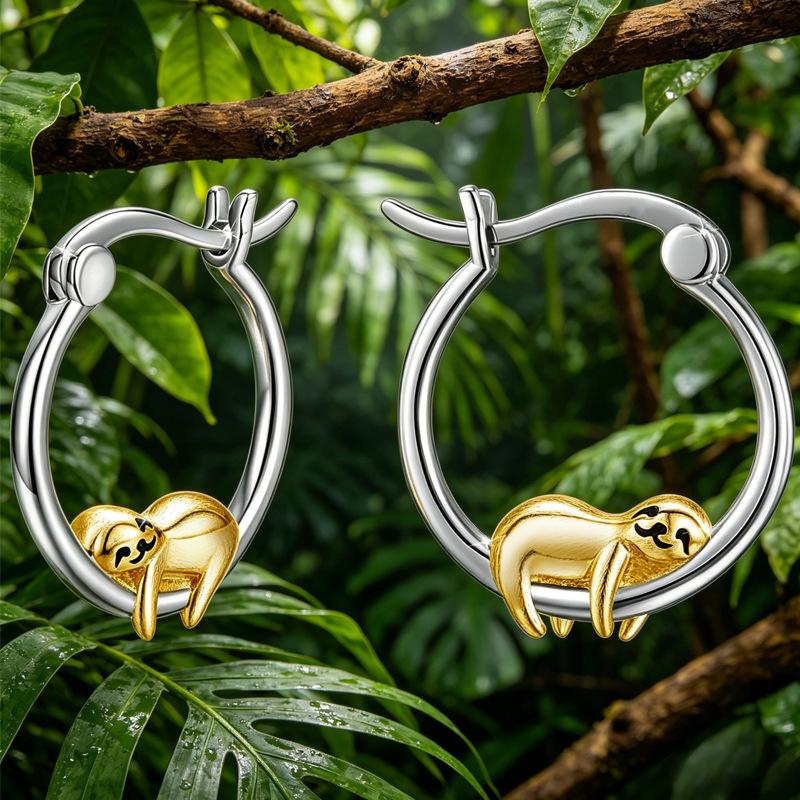 Bi-Color Plated Metal Hanging Sloth Shape Snap Closure Hoop Earrings Lovely Wildlife Animal Ladies Casual Accessories