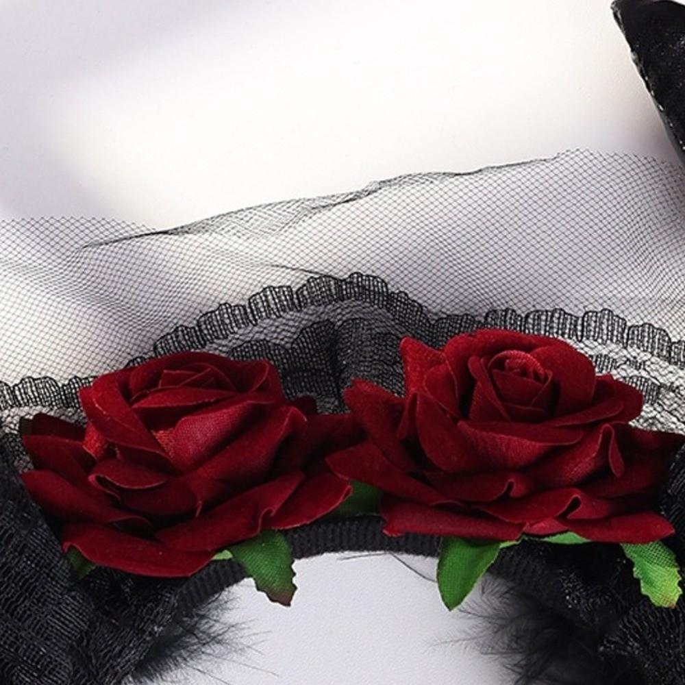 Lace Trim Halloween Cow Horns Headband Flowers Design Red Rose Headband  Women's Accessories