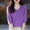 V Neck 1 2 Sleeve Loose Knit Sweater Solid Color Pullover For Women