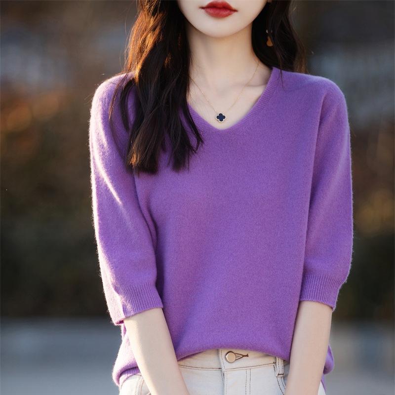 V Neck 1 2 Sleeve Loose Knit Sweater Solid Color Pullover For Women