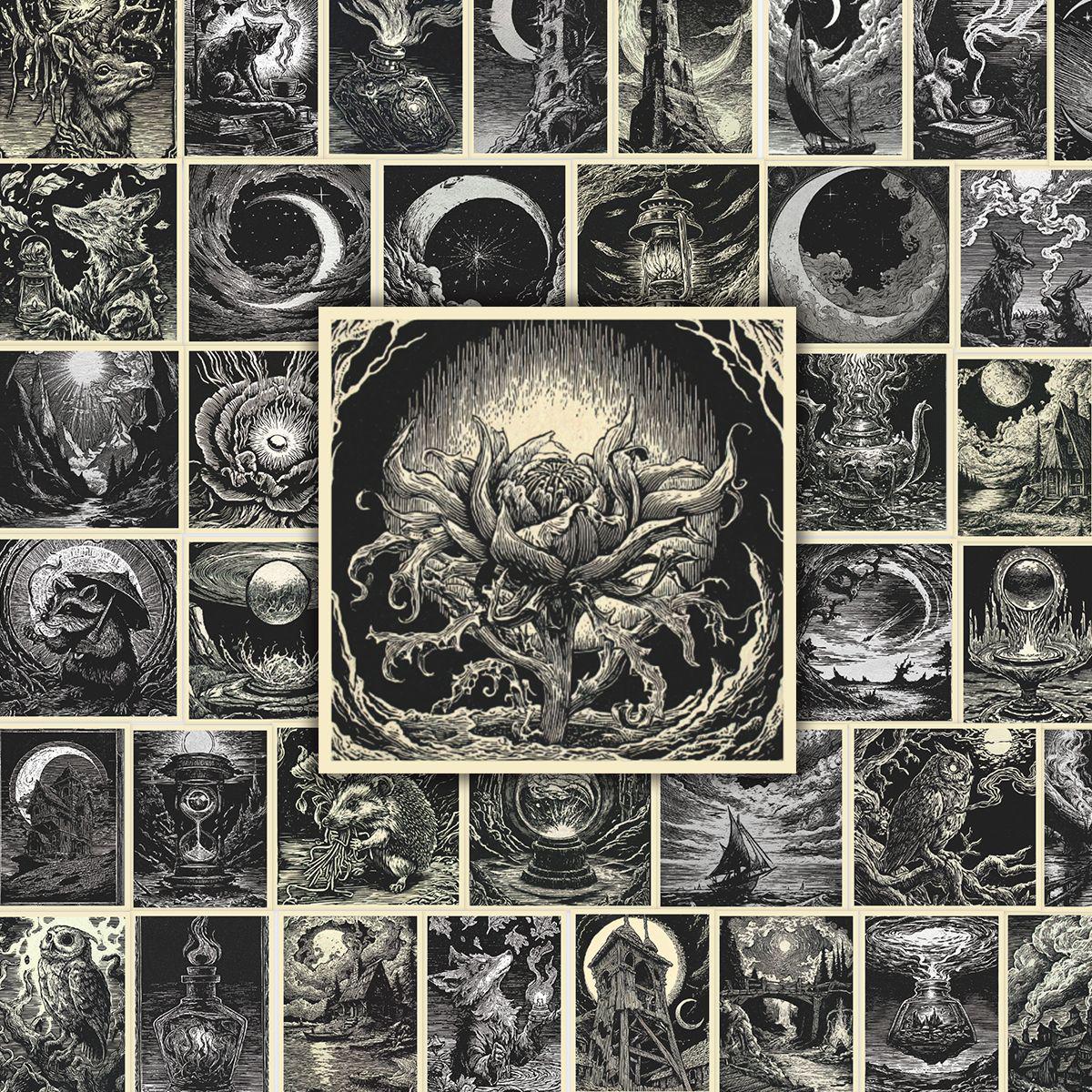 Наклейки Dark Fantasy Gothic Line Art - 40 водостойких листов для дневников и ноутбуков No