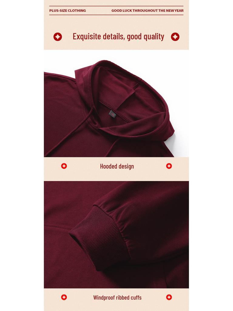 Men's Plus Size Red Hoodie 2026 New Year Sport Casual Long Sleeve Top