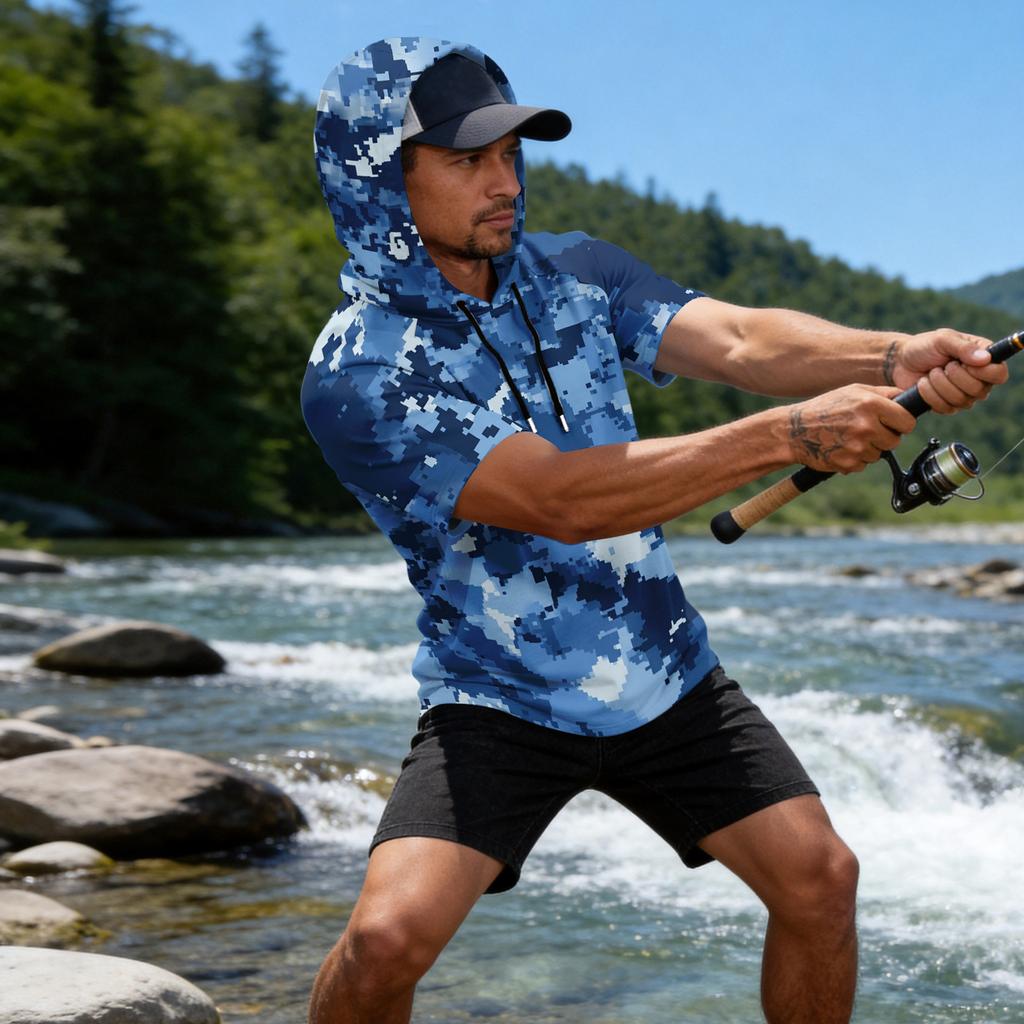 Men's Camouflage Print Raglan Sleeve Casual Sport Fishing Sun Protection Short Sleeve Hoodie Lightweight Breathable Outdoor Shirt
