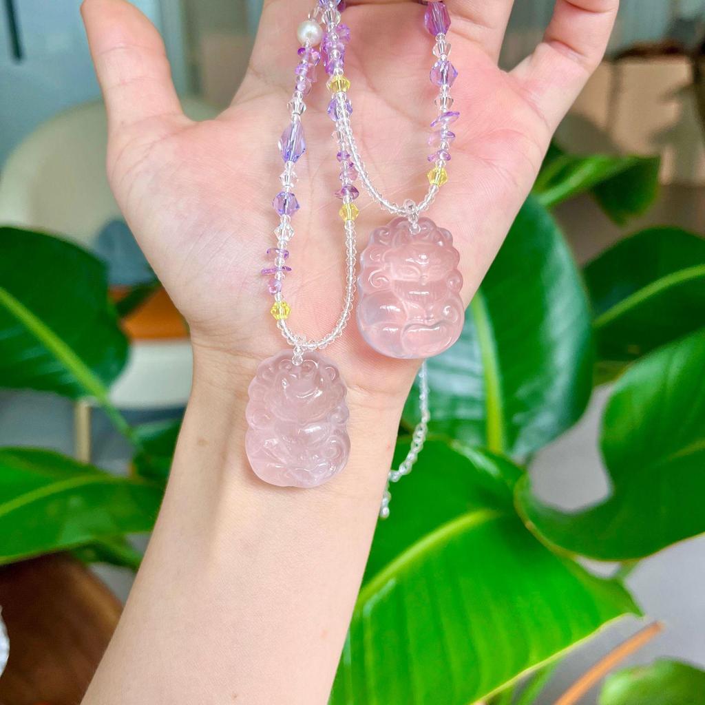 Rose Quartz Nine-Tailed Fox Crystal Pendant Necklace