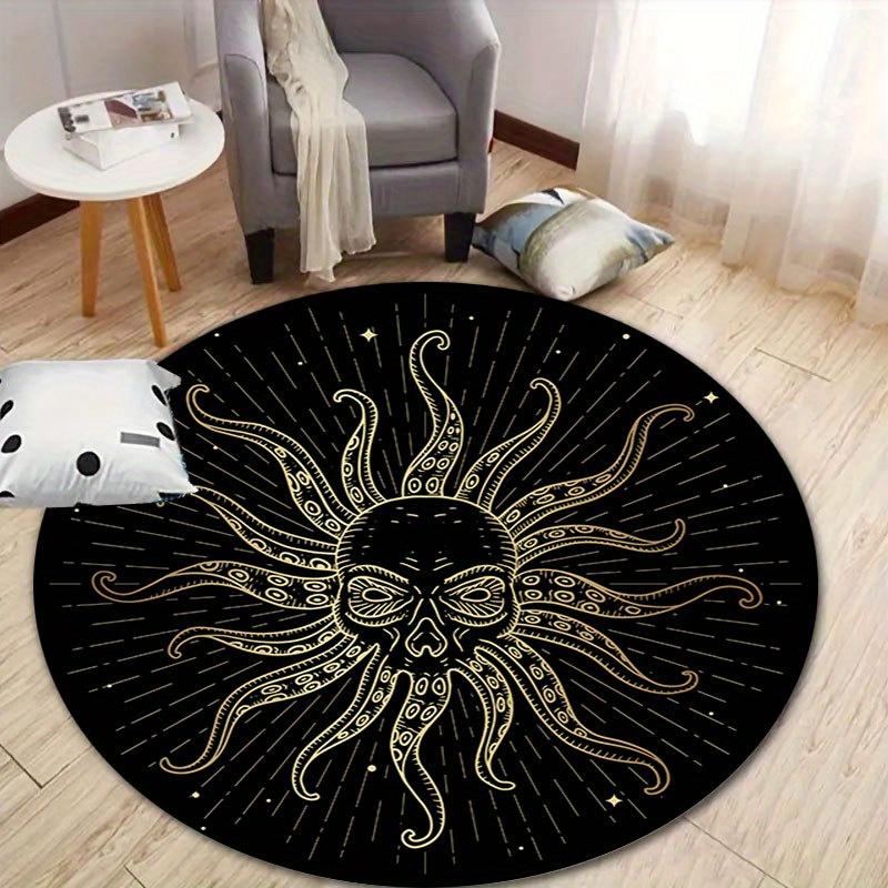 

1pc Vintage Sunburst Round Polyester Rug | Non-slip | Black and gold abstract design | Perfect for a bedroom or living room 100x100cm