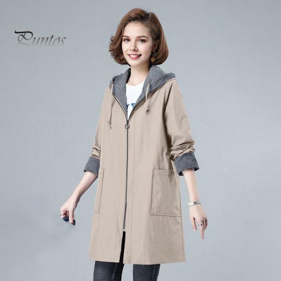 Long Length Jacket Spring Fall Women Hooded Sleeves Drawstring Plus Size Pockets Zipper Lady Closure Coat Windbreaker Mid Solid Color Big Windproof
