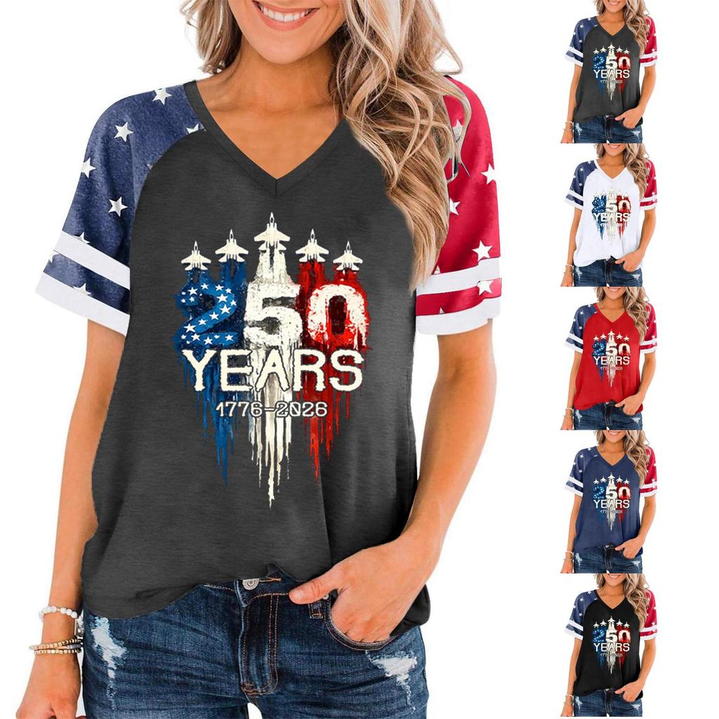 Women Casual V Neck Short Sleeve Pullover T Shirt Independence Day Print Top 250 Years 1776-2026 Patriotic Graphic Tee