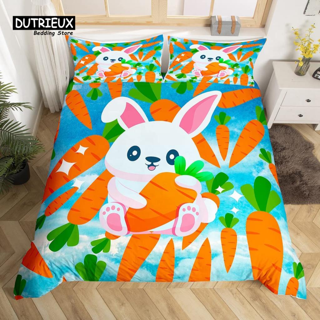Cute Rabbit Duvet Cover Set Twin Queen Colorful Flower Bedding Set Microfiber Botanical Floral Cartoon Animal Comforter Cover