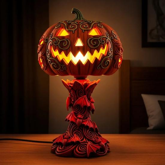 Pumpkin Night Light Halloween Horror Skeleton Ghost Witch Pumpkin Lantern Resin LED Tabletop Lamp for Gothic Room Desk Decorr