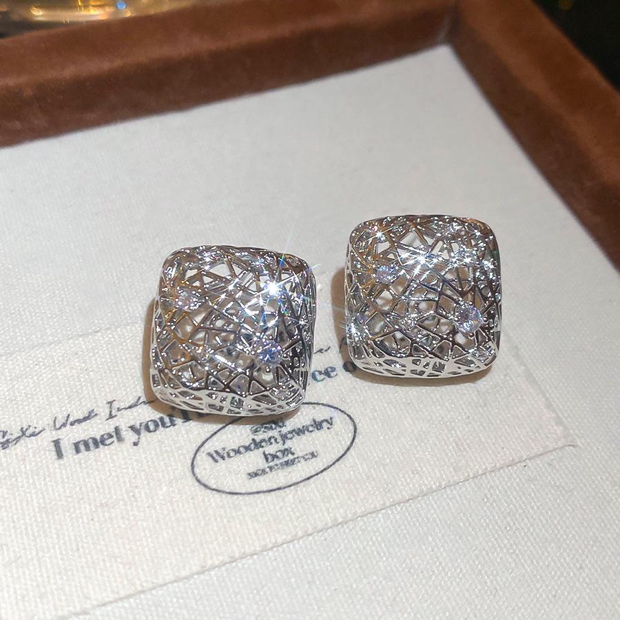 Silver needle zircon square hollow stud earrings trendy temperament earrings earrings women