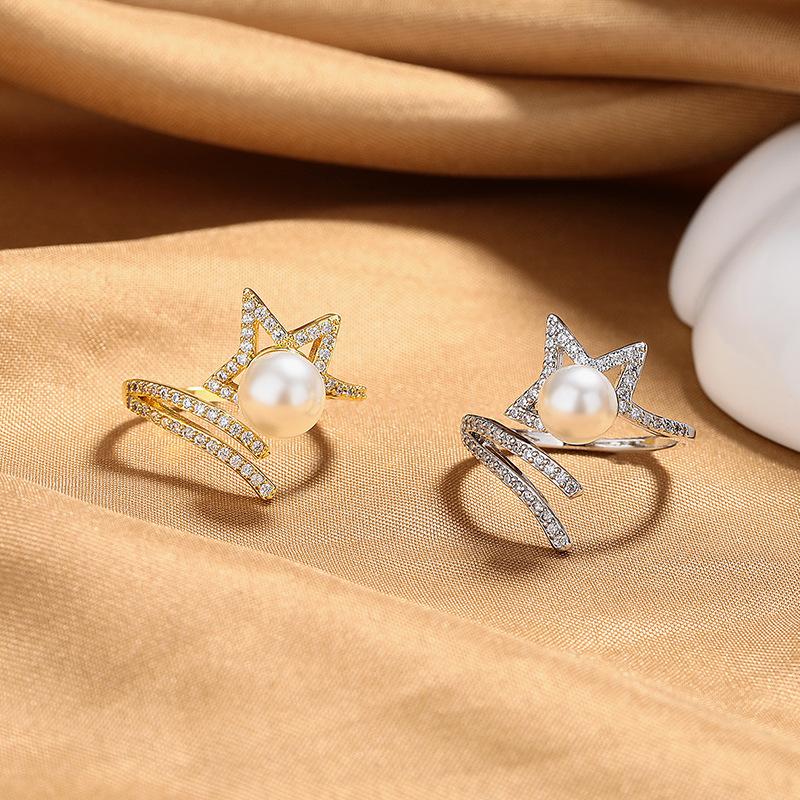 2026 Open Pearl Ring Women's Micro Inlaid with Diamonds Niche High-end Star Ring Jewelry Accessories Empty Holder