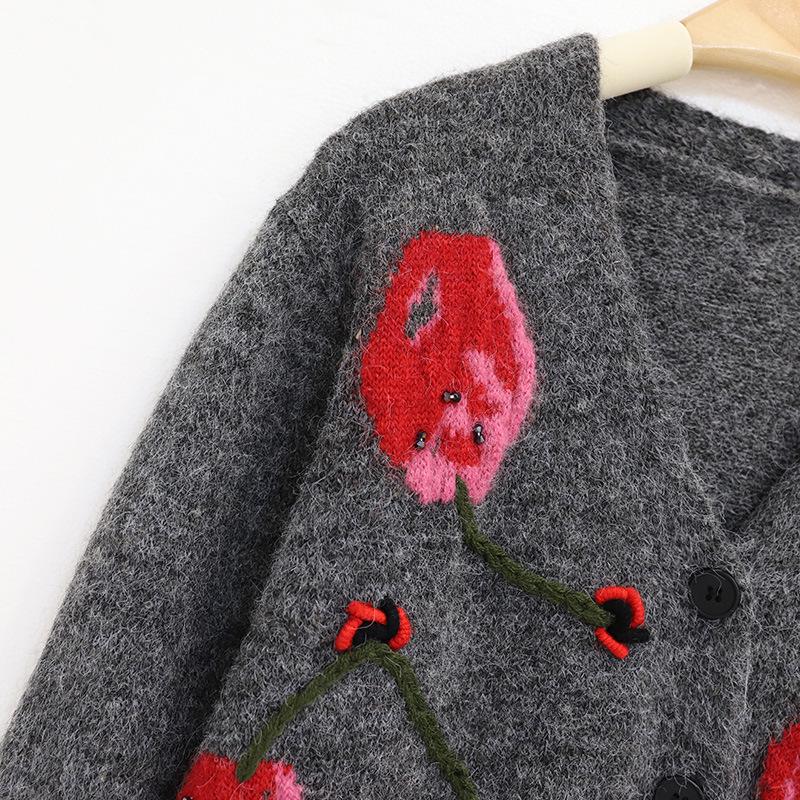 Women's French Retro Cherry Jacquard Knitwear - Soft, Fluffy Mink Fur Round Neck Top for Autumn/Winter