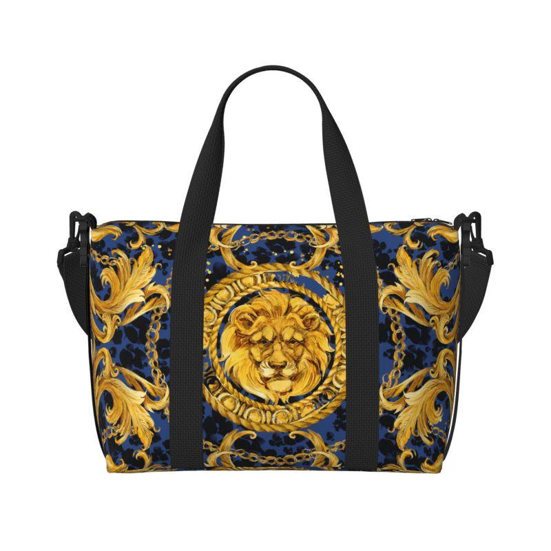 Goldener Löwe Barockmuster Reise-Duffelbag Personalisierte Weekender Übernachtungstaschen mit Schultergurt Unisex Sport-Gymnastiktasche