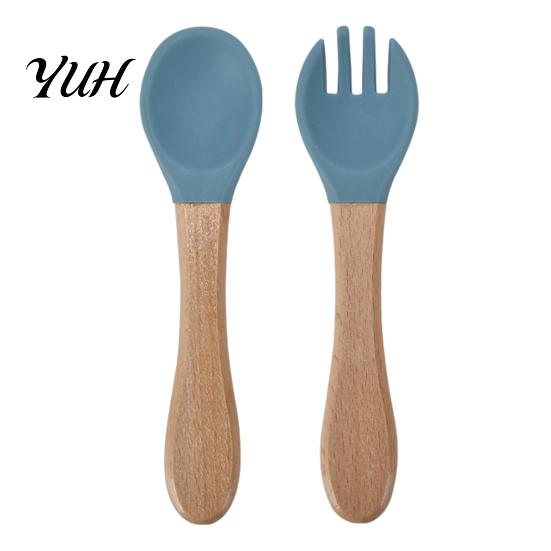 Soft Silicone Tip Spoons Baby Led Weaning Spoon And Fork Set, Utensils Supplies with Wooden Handles, Toddler Self-Feeding Tableware, BPA-Free