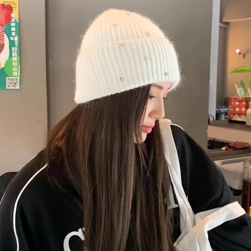 

Angora Rabbit Hair Knitted Hat Women Winter New Style Water Diamond Thickened Warm Beanie Hat Cold Prevention Ear Protection Hat 54-59cm