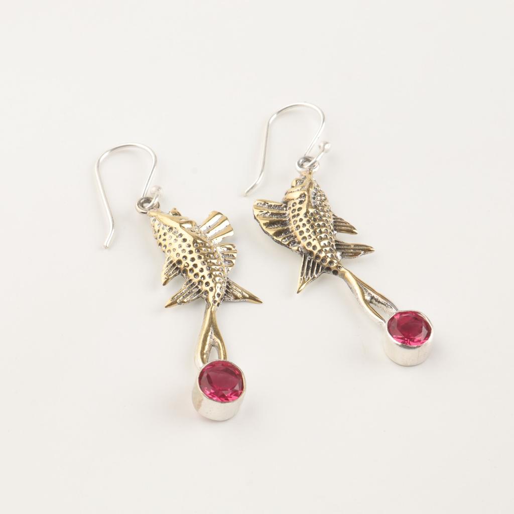 Natural Pink Rubellite Gemstone 925 Sterling Silver Handcrafted Earrings 2.17" EE-148-1