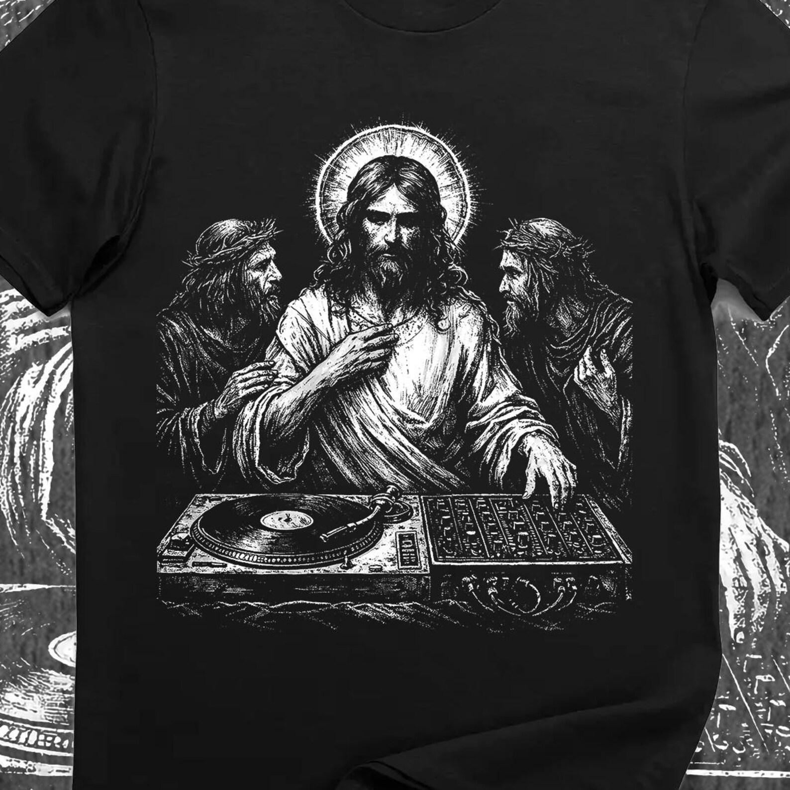 DJ Jesus Christ T-Shirt, Funny DJ Parody Shirt, Techno Rave Edm Festival Party Tee XL