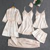 Conjunto de Pijama de Satén de Cinco Piezas para Mujer Bata Camisón Camisola Pantalones Cortos Pantalones y Sujetador con Ribete de Encaje Conjunto de Ropa de Dormir