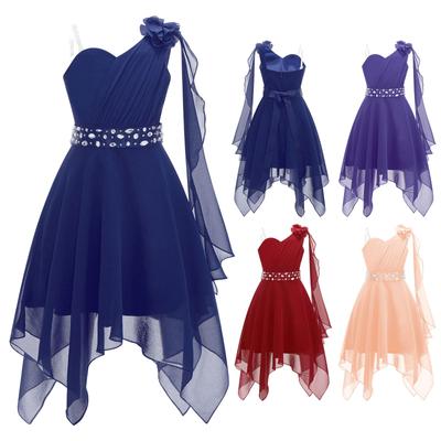 Kinder Mädchen Blumenkleid Prinzessin Party One Shoulder Chiffon Sommerkleid mit glänzender Perlenschärpe