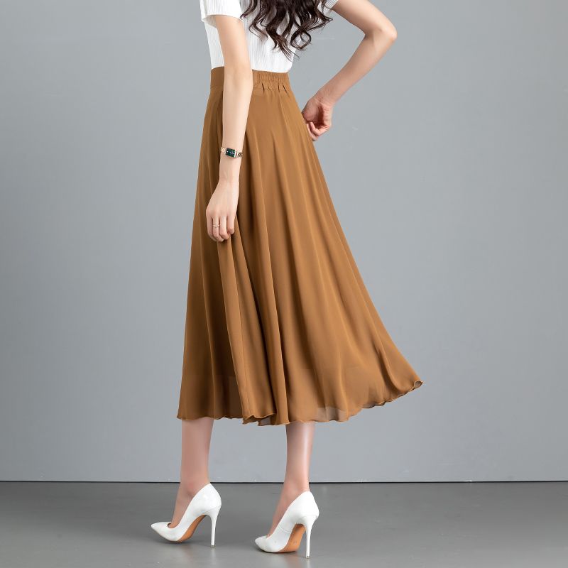 Sommer Neuer Einfarbiger Hellbrauner Chiffonrock Mittellang A-Linie Großer Schwung Damenrock Knielanger Rock