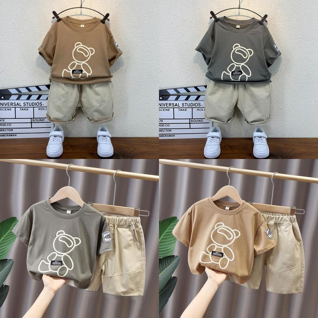 Boys' 2-Piece Cotton Set - Round Neck Bear Printed T-Shirt+Matching Shorts - Affordable Price Casual Outfit S-XXL
