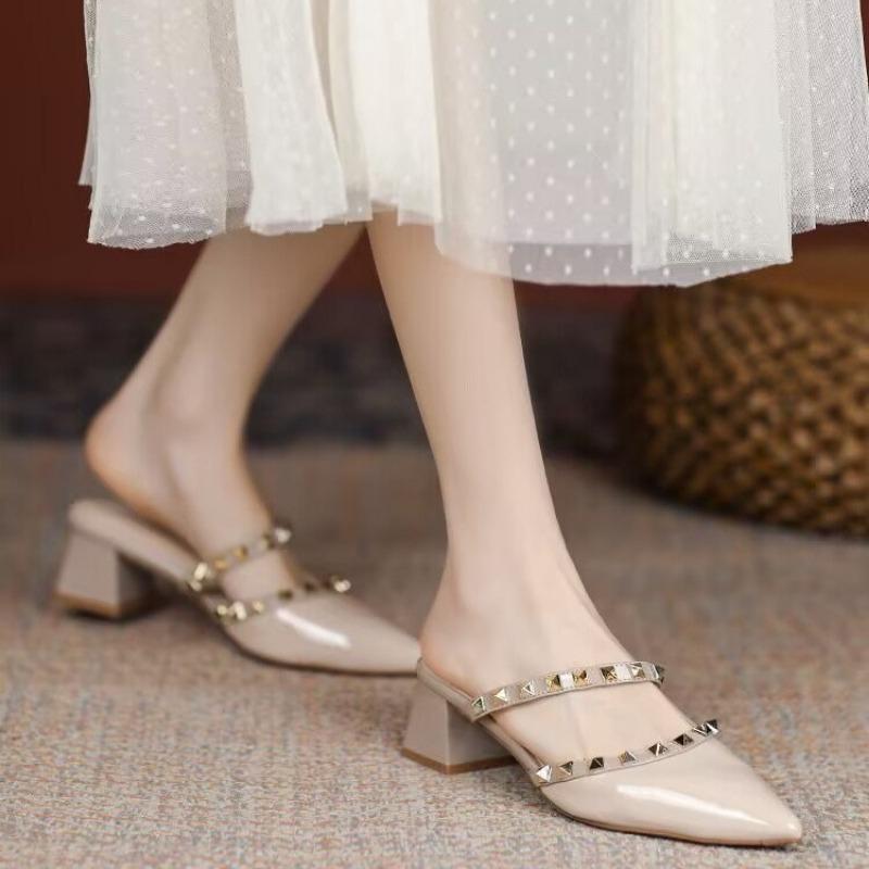 Rivet pointed shoes summer new shallow thick heel half slippers women's outer wear with skirt women's shoes