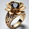 Sunflower Women's Hollow Gold-Plated Ring with Black Diamond