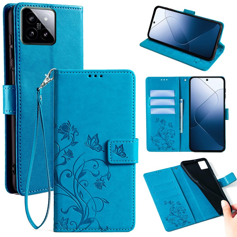 

Для Xiaomi 14 Оптовый чехол Кожаный чехол-кошелек с бабочкой и цветком Blue