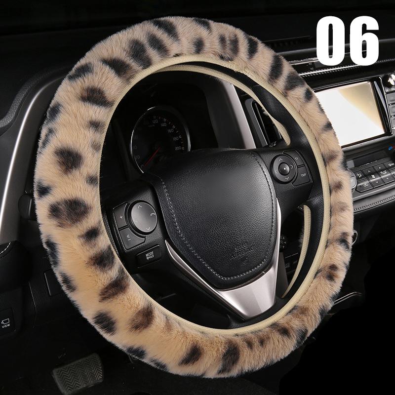 Luxury Leopard Winter Car Steering Wheel Cover Fur Imitation Rabbit Hair Soft Plush Gear Handbrake Case Car Interior
