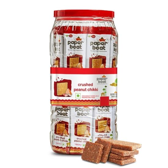 

Paper Boat Crushed Peanut Chikki Jar, No Added Preservatives and Colours | Gajak | Sweets | Made with Jaggery | Gazak (50 pieces, 16g each) 800GM