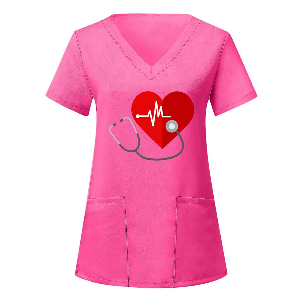 European and American Nurse Caregiver V-Neck Print Shirt with Large Pocket, Short Sleeve T-shirt for Women