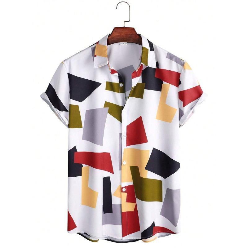 Hawaiian Shirts Geometry Men's Color Block Graphics Beach Vacation Short Sleeve Fashion Buttoned Tops