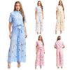 Women's Two-Piece Set S-3XL: Lapel Short Sleeve Floral Hollow Out Button Top with Wide Leg Belt Pants for Party Daily Wear