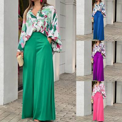 Women's Set Loose Large Size Casual Printed Shirt Solid Color Wide Leg Pants Two-piece Set Clothes Sale