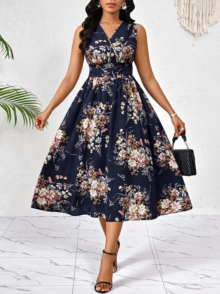 European & American Women's Plus Size Floral Sleeveless V-Neck Midi Dress