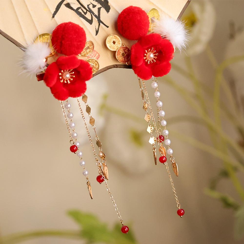 Rote Chinesischer Stil Antike Haarnadel Perle Mädchen Kopfschmuck Festliches Chinesisches Neujahr Seitenclip Frauen