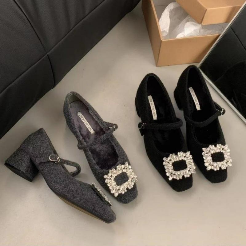 Fashion Thick Heel Single Shoes Women's Commute Shallow Mouth Rhinestone Not Tired Thick Heel Shoes Womens Shoes Zapatos De Mujer