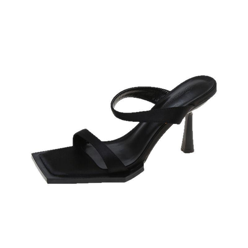 New Black One-word Sandals Sandals Square Head Internet Celebrity High Heels Women's Shoes French Stiletto Summer Tide